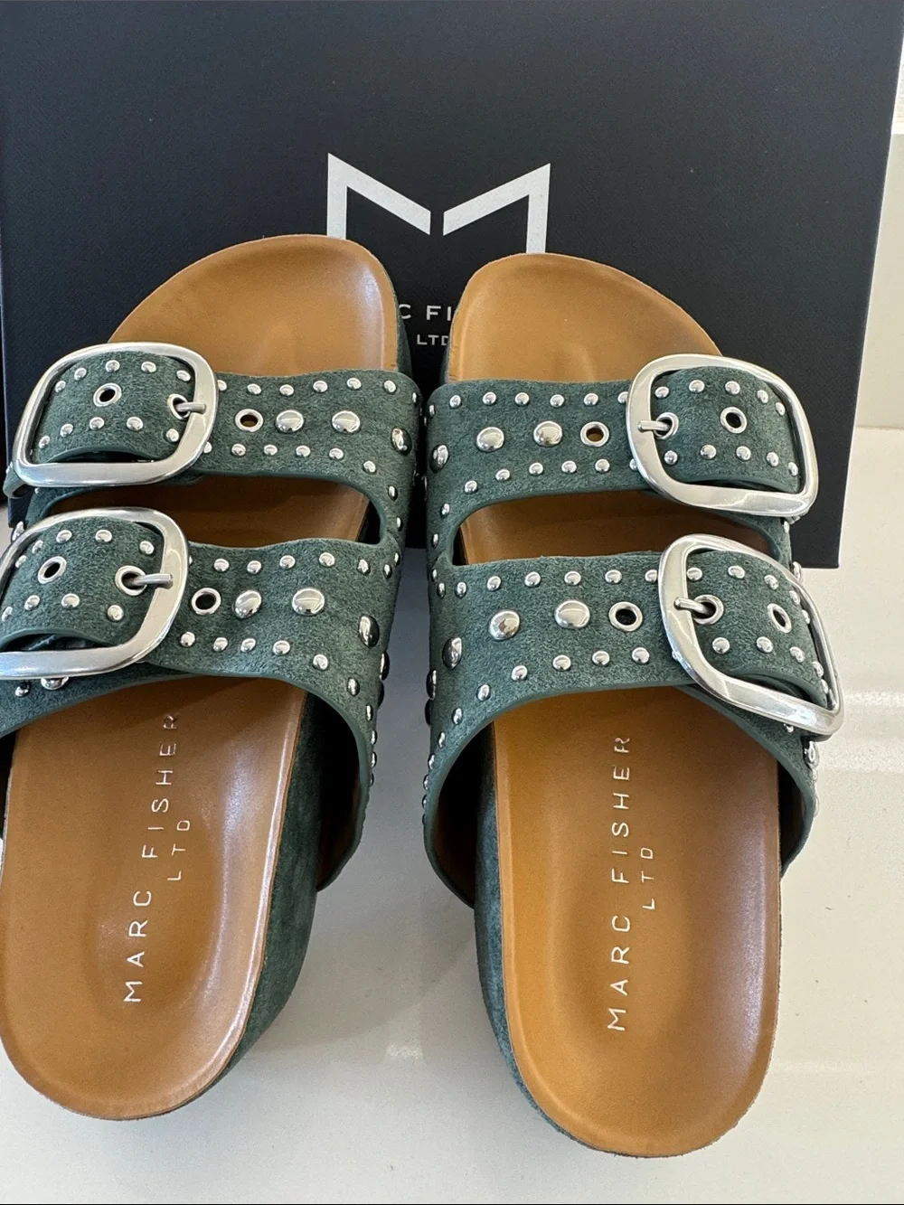 Marc Fisher Forest Green Double-Buckle Stud Slide Mules